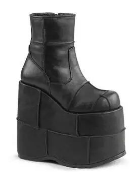 Side view of STACK-201 7 inch tall men's platform boots in black vegan leather with chunky sole and high block heel