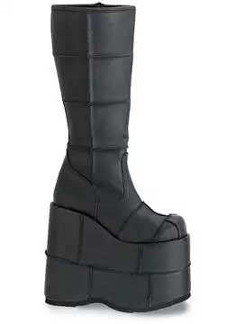 Front view of STACK-301 black PU platform boots with chunky sole and high block heel