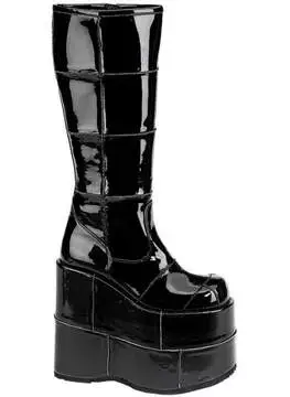 Front view of STACK-301 black patent tall platform boots with chunky soles and high heels
