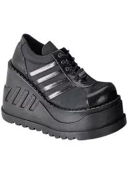 Front view of STOMP-08 black platform shoes with silver stripes and chunky sole