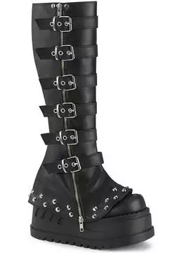 Front view of Stomp-223 bell-bottom boots in black vegan leather with multiple buckles and metal studs