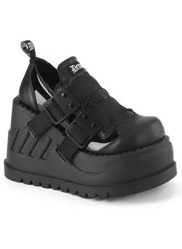 Front view of Stomp-28 wedge platform shoes in black with chunky sole and strap details