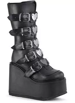 Side view of SWING-230 Hearts platform boots in black vegan leather with multiple buckles and heart-shaped embellishments