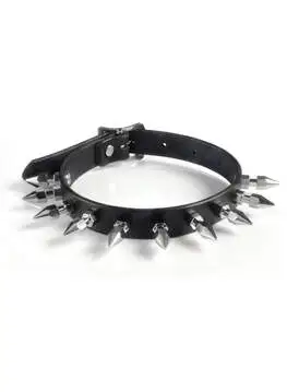 Black leather choker with tall hex spike details on a gray background