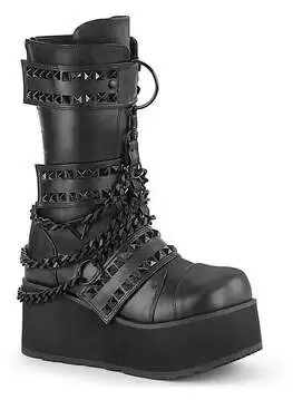 Front view of Trashville-138 men's platform boots with chains, black vegan leather, and chunky sole.