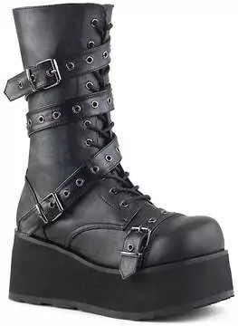 Front view of TRASHVILLE-205 men's black strap boots with chunky heel and multiple buckle straps