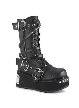 Front view of Trashville-250 men's black platform boots with multiple buckles and chunky sole