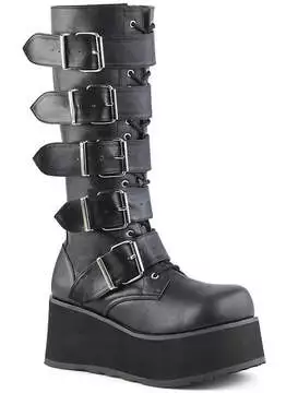 Front view of TRASHVILLE-518 platform buckle boots in black vegan leather with multiple straps and buckles