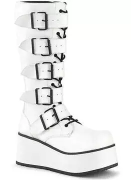 Front view of Trashville-518 white platform boots with chunky sole and multiple buckle straps