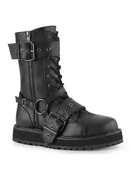 Front view of VALOR-220 lace up boots in black vegan leather with buckle straps and chunky sole