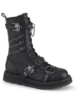 Side view of Demonia Valor-240 skull buckle combat boot in black with metal hardware and lace-up front