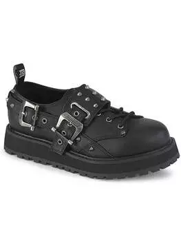 Front view of VALOR-38 studded Oxford men's platform shoes in black with buckle straps and chunky sole