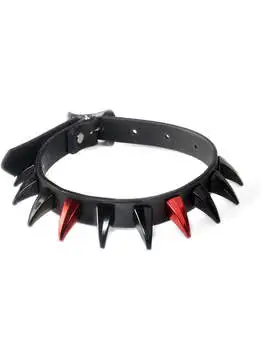 Black leather choker with pointed spikes in red and black colors, adjustable strap.