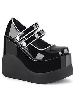 Front view of VOID-37 black patent Maryjane with chunky wedge heel and double strap buckles