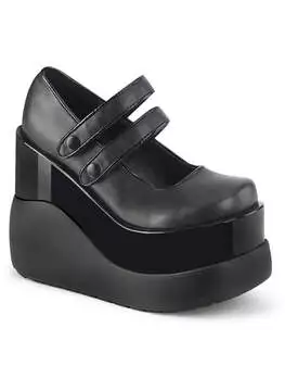 Front view of VOID-37 5 Inch Platform Shoes in black vegan leather with double strap closures and chunky sole