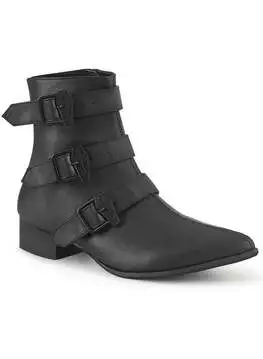 Side view of WARLOCK-50 pointy toe coffin buckle boots in black vegan leather with three buckle straps and a low block heel