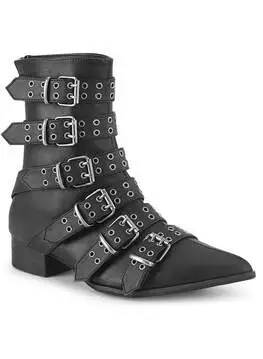 Front view of WARLOCK-70 pointy toe boots in black vegan leather with multiple buckled straps and silver hardware