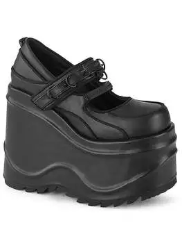 Front view of WAVE-48 Maryjane Platforms in black with chunky platform sole and strap detail