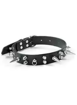 Close-up of choker with alternating long and short spikes and O-ring in black vegan leather
