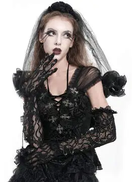 Black lace gloves with floral pattern and scalloped edges, laid flat on a white background