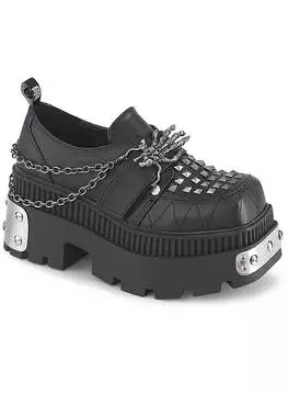 Side view of Demonia Wrath-42 square-toe platform shoes in black vegan leather with silver chain accents and chunky sole