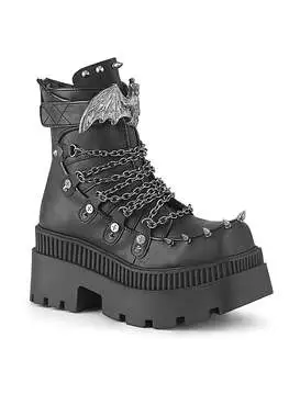 Front view of WRATH-55 square-toe platform ankle boot in black with chunky sole and lace-up design
