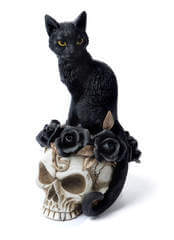 Grimalkin's Ghost Desk Ornament | black cat on top a skull figurine