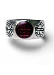 Pewter ring with magical Agla talismans and red enamel