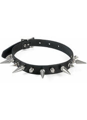 Black Leather Spiked Choker with Long and Short Silver Spikes