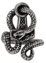 A hand with long, dark nails wearing a silver Bane of Thor Hammer Ring on the index finger.