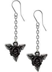 Black Rose Dropper Earrings: Gothic Elegance in Fine Pewter.