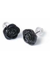 Close-up of black rose earring studs with detailed rose design and clear plastic backings