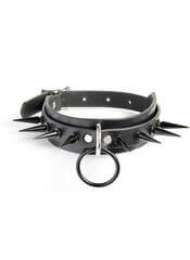Leather Choker Collar with Black Spikes and Black O-ring