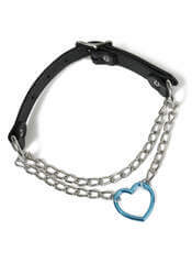 Blue Heart and Chain Pull Leather Choker