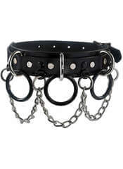 Leather Choker with Chain and Black Rings