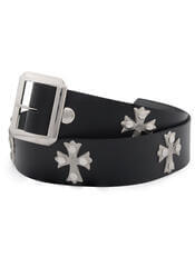 Black Leather Gothic Belt with Silver Florentine Crosses