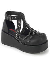 Back view of black CUBBY-28 platform cage shoes featuring a chunky heel and buckle strap.