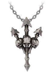 Gothic necklace featuring a deadly trident pendant with skull accents and a silver chain.