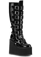 Demonia SWING-815 - Black Patent Knee Boots with Metal Plates