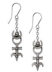 Silver pendant earrings featuring gothic symbols and a chain design, suitable for alchemy enthusiasts.