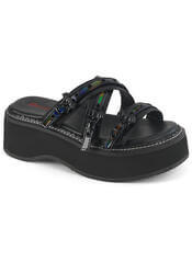 Black Platform Sandals With Bat Buckles & Iridescent Straps