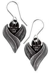 Gothic bat dropper earrings featuring a bat design nestled in leaf-like elements.