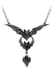 A triple bat pendant necklace with intricate details and a heart-shaped design, hanging from a chain.