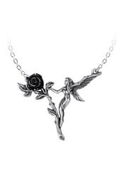 Faerie Glade | pewter pendant necklace of a fairy capering around a single black rose