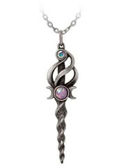 Gothic necklace featuring a wand pendant with a twisted design and colorful gemstones.