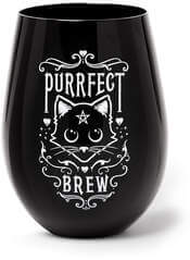Purrfect Brew Black Stemless Wine Glass with Cat Graphics
