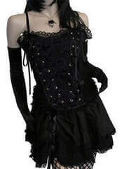 Black Lace Gothic Corset with Ruffle Trim and Straps