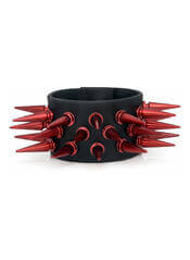 Leather Wristband with 3 Rows of Red Spikes