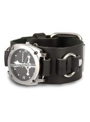 Black leather watchband with chrome rings