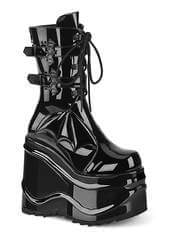WAVE-150 | Black Patent Platform Boots with Bat Buckles